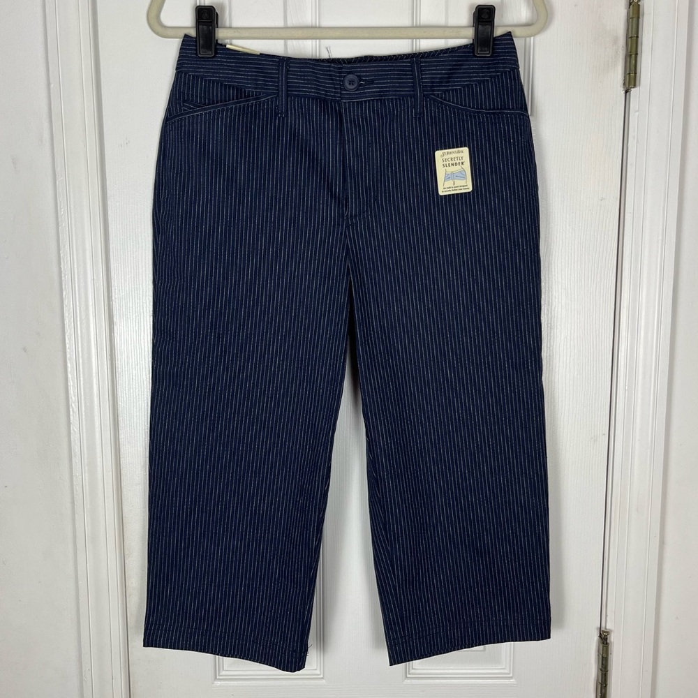 NWT St John’s Bay Secretly Slender Stretch Capri Navy Stripe Trouser Sz 8